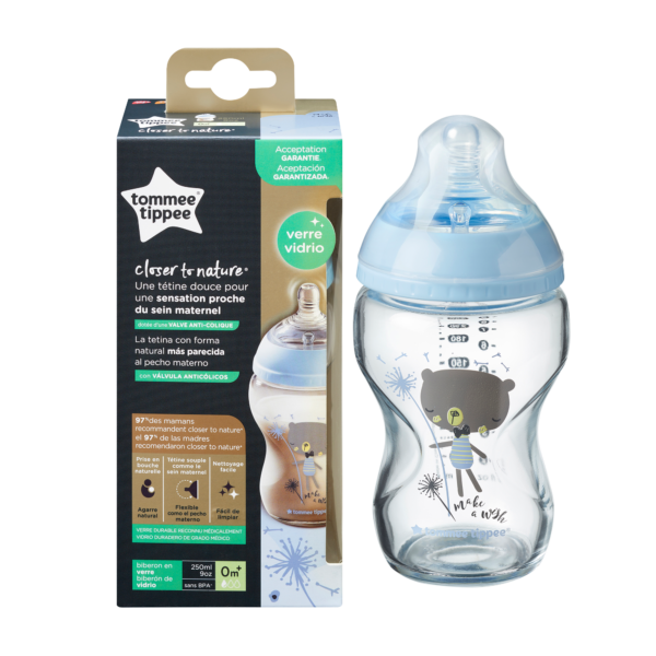 Tommee Tippee Γυάλινο Μπιμπερό Closer to nature μικρής ροής 250ml με σχέδιο για αγόρι 0m+