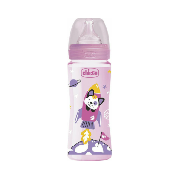 Chicco Πλαστικό Μπιμπερό Well Being Κατά των Κολικών με Θηλή Σιλικόνης 330ml για 4+ μηνών Pink ΔιαστημόπλοιοA60-28637-10