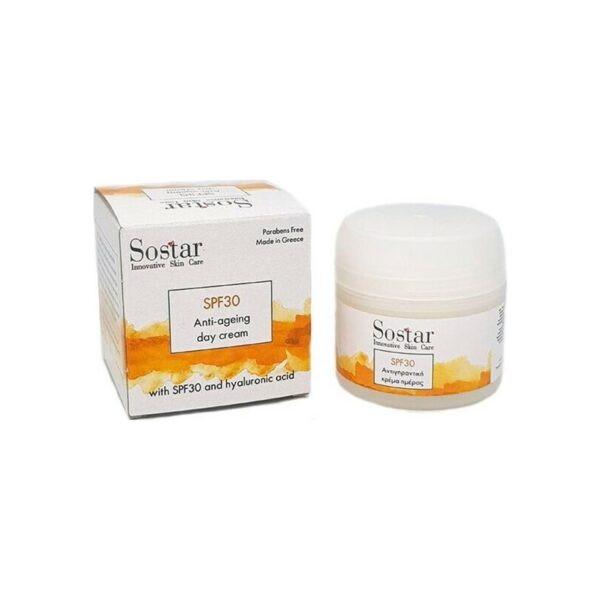 Sostar Κρέμα Προσώπου Ημέρας με SPF30 για Ενυδάτωση & Αντιγήρανση με Υαλουρονικό Οξύ 50ml