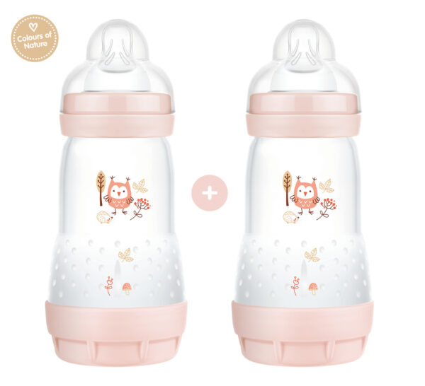 Mam Σετ Πλαστικά Μπιμπερό Easy Start Anti-Colic 355S Κατά των Κολικών με Θηλή Σιλικόνης 260ml για 2+ μηνών 2τμχ Ροζ Κουκουβάγια