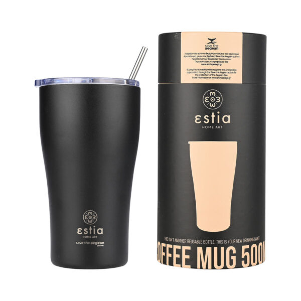 Estia Coffee Mug Save The Aegean Ποτήρι Θερμός Ανοξείδωτο Midnight Black Estia 500ml με Καλαμάκι 01-23122