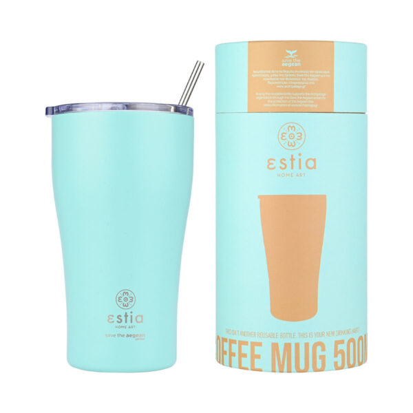 Estia Coffee Mug Save The Aegean Ανακυκλώσιμο Ποτήρι Θερμός Ανοξείδωτο BPA Free Bermuda Green 500ml με Καλαμάκι 01-23171