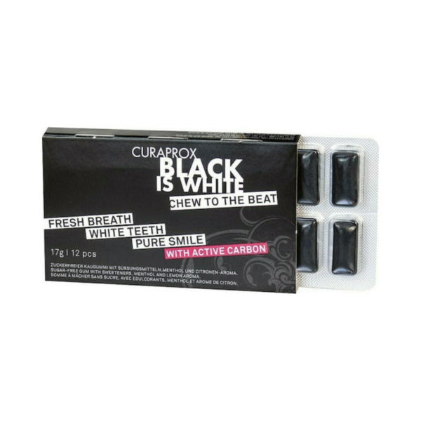 Curaprox 12 Τσίχλες Black is White με Ενεργό Άνθρακα με Γεύση Λεμόνι - Μέντα 17gr