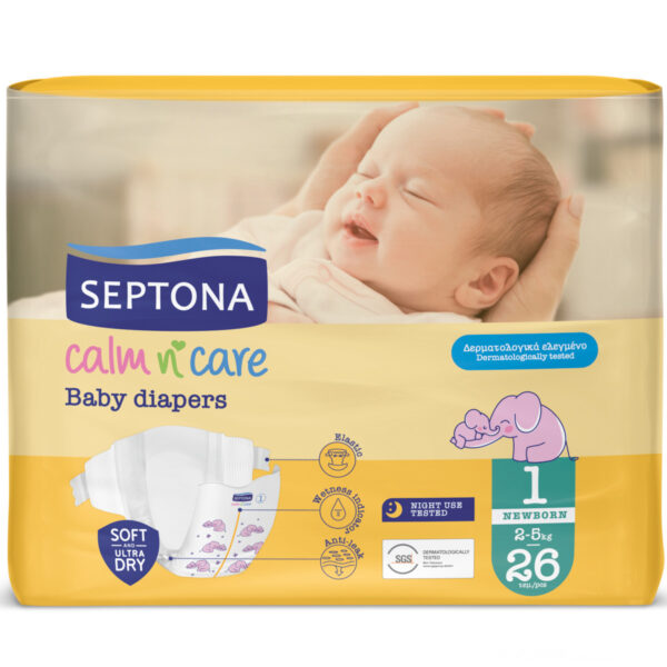 Septona Πάνες με Αυτοκόλλητο Calm n' Care No. 1 για 2-5kg 26τμχ