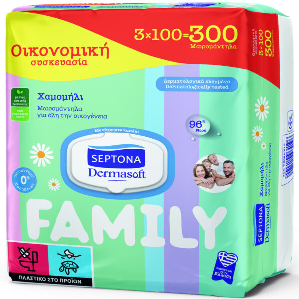Septona Dermasoft Chamomile Μωρομάντηλα χωρίς Οινόπνευμα & Parabens 3x100τμχ - Image 2