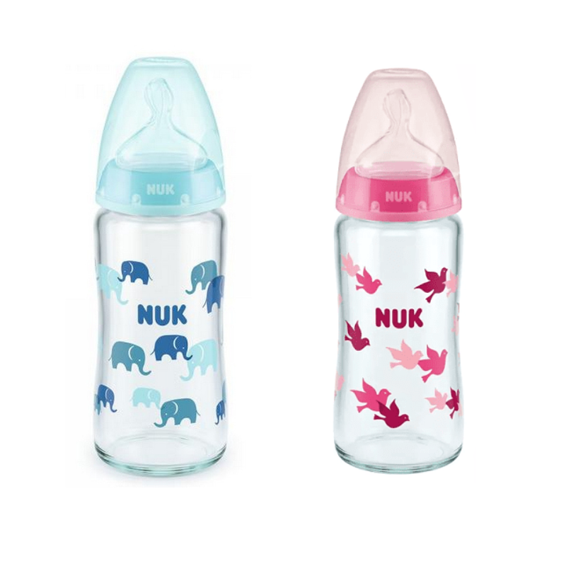 Nuk Γυάλινο Μπιμπερό First Choice Plus Κατά των Κολικών με Θηλή Σιλικόνης 240ml για 0-6 μηνών Λευκό Αστεράκια