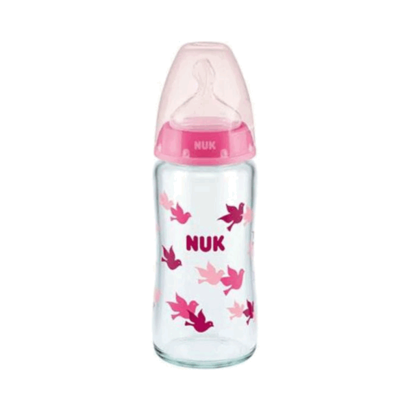 Nuk Γυάλινο Μπιμπερό First Choice Plus Κατά των Κολικών με Θηλή Σιλικόνης 240ml για 0-6 μηνών Λευκό Αστεράκια