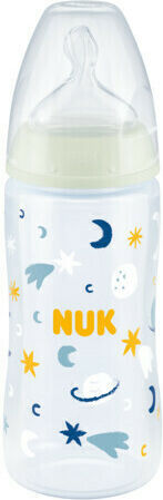 Nuk Γυάλινο Μπιμπερό First Choice Plus Κατά των Κολικών με Θηλή Σιλικόνης 240ml για 0-6 μηνών Λευκό Αστεράκια