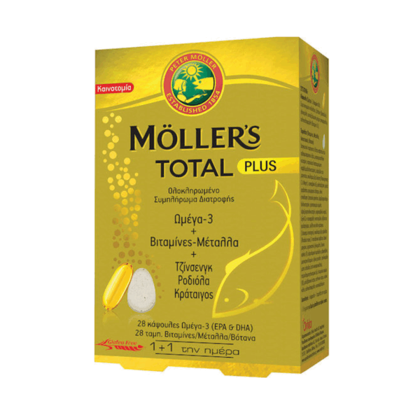 Moller's Total Plus Ιχθυέλαιο Βιταμίνες & Μέταλλα, Τζίνσενγκ, Ροδιόλα & Κράταιγος 28 κάψουλες