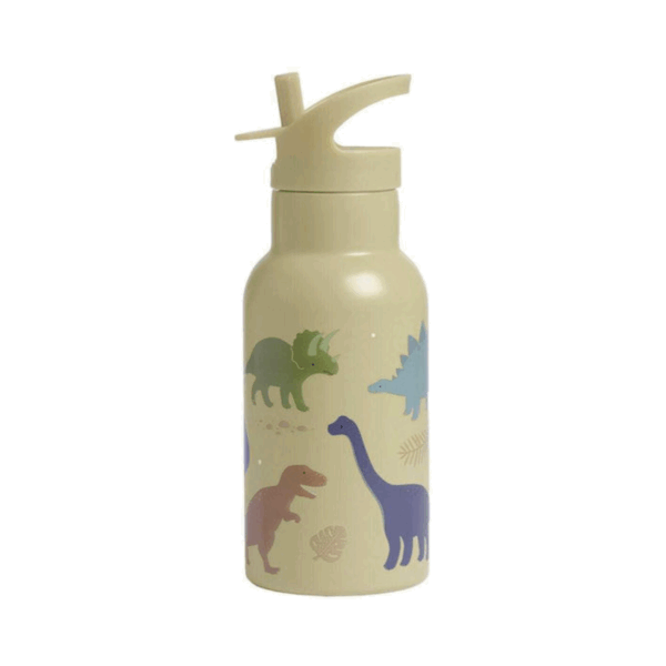 A Little Lovely Company Dinosaurs Παιδικό Παγούρι Θερμός Δεινόσαυρος Ανοξείδωτο με Καλαμάκι Non Spill Μπεζ 350ml