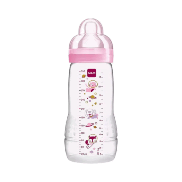 Mam Πλαστικό Μπιμπερό Easy Active Κατά των Κολικών με Θηλή Σιλικόνης για 4+ μηνών Ροζ Αστροναύτες 330ml