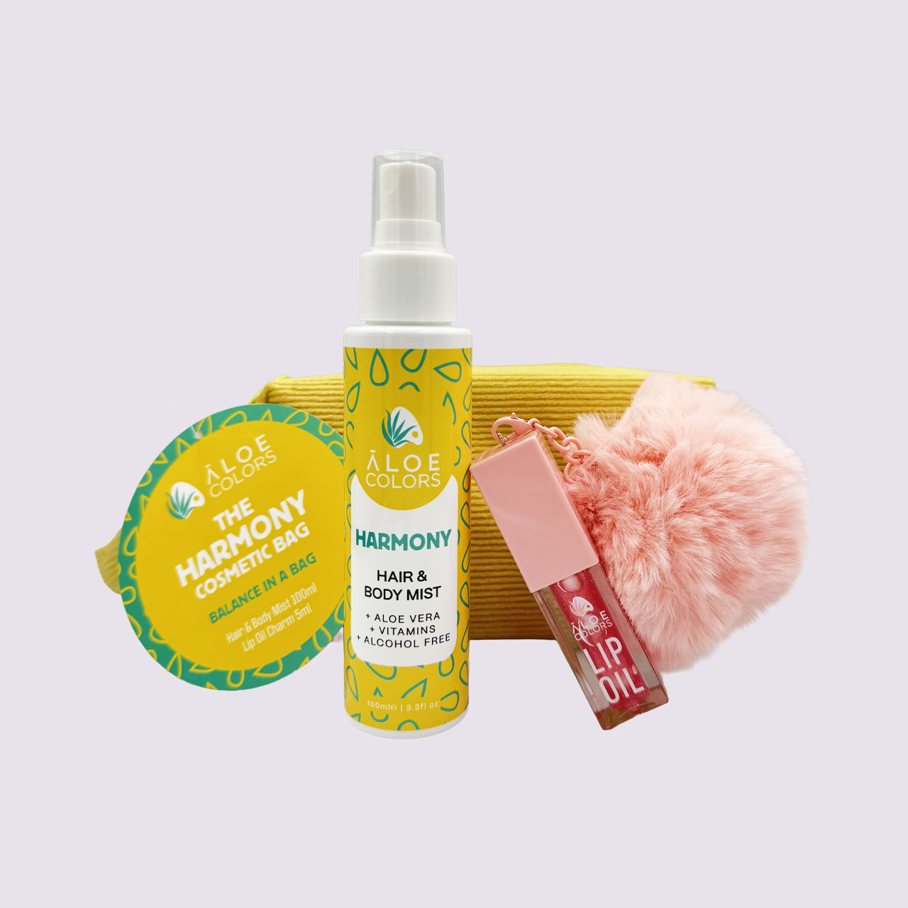 Aloe Colors The Harmony Bag – Hair & Body Mist Γιαούρτι & Αμύγδαλο + Lip Oil Charm με Pom Pom - Image 2