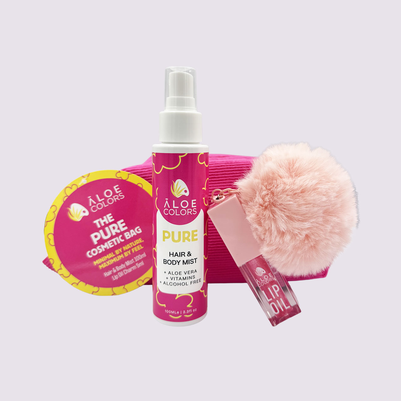 Aloe Colors The Pure Bag – Hair & Body Mist Πουδρένιο Άρωμα + Lip Oil Charm με Pom Pom - Image 2